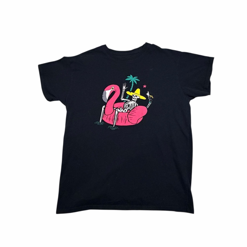 Brisco Men’s Short-Sleeve Tee with Pink Flamingo Float Graphic Black Large